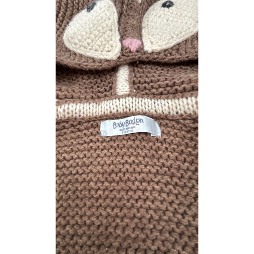 Baby Boden Brown Fox Applique Hooded Cotton Blend Knit Sweater-6-12 Months - Picture 8 of 8
